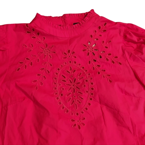 J.Crew Mock Neck Embroidered Eyelet Cotton Poplin Top In Fuschia Blossom - Picture 8 of 16